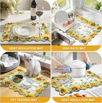 LOKHOM Scalloped Floral Dish Drying Mat, 18"x24" Super Absorbent Coffee Mat with Watercolor Yellow Sunflowers, Cuttable Hide Stain Non-slip Drying Mat for Kitchen Counter Coffee Maker Espresso Machine