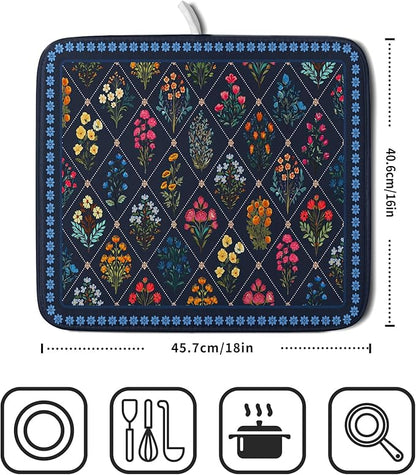 Lapis Blue Dish Drying Mat for Kitchen Counter Flowers Microfiber Absorbent Dish Draining Reusable Washable Small