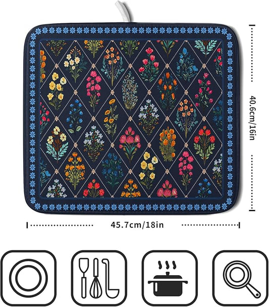 Lapis Blue Dish Drying Mat for Kitchen Counter Flowers Microfiber Absorbent Dish Draining Reusable Washable Small