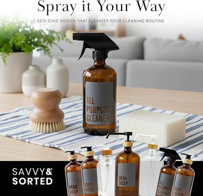 SAVVY & SORTED Amber Glass Spray Bottles for Cleaning, Refillable Amber Spray Bottle with Label, Glass Cleaning Bottles with Adjustable Nozzle, 17 Fl Oz / 500 ml