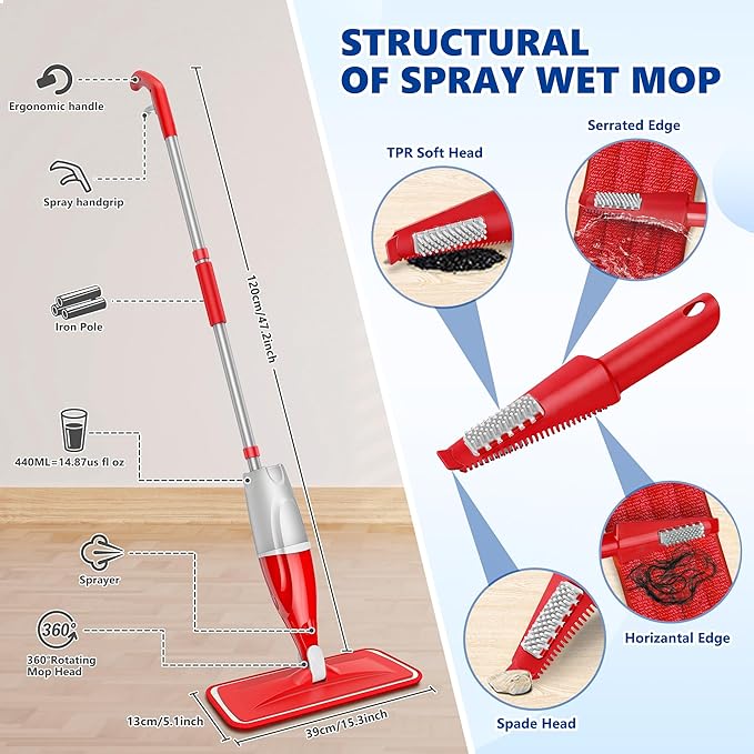 Spray Mops for Floor Cleaning: EXEGO Wet Mop with 3 Washable Microfiber Pads for Swiffer Powermop - Floor Flat Mop Dust Dry Nops for Hardwood Tile Wood Laminate Vinyl Marble - Home Commercial Mop