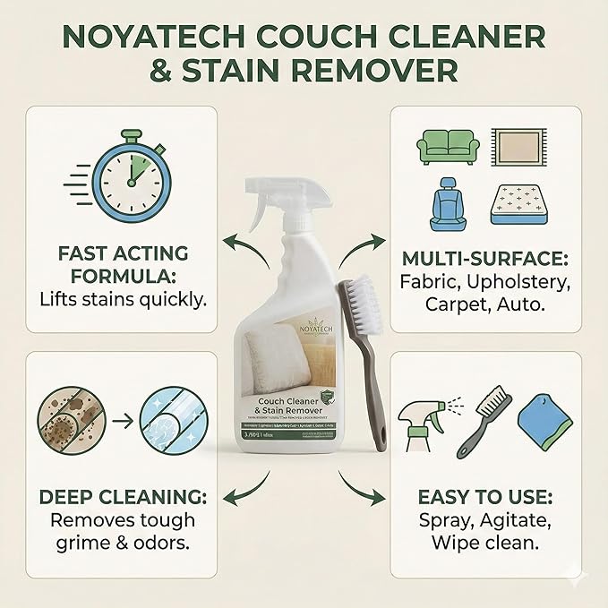 Couch Cleaner and Stain Remover Spray – Professional Strength, Multi-Surface Fabric and Upholstery Cleaner – Pet-Safe, Non-Toxic, Quick-Drying for Couches, Sofas & Car Interiors.