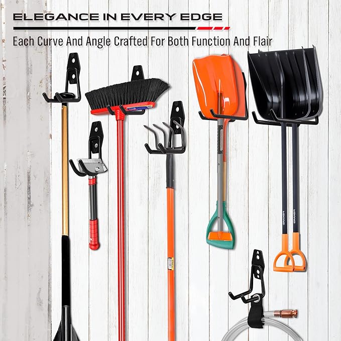 Garage Tool Storage Wall Hook Assortment Set: 15PCS Heavy Duty Large Hanger Garden Tool Organizer Ladder Bike Rack Yard Tool Holder Shed Shovel Metal Screw Organization Bicycle Steel Bracket, Black