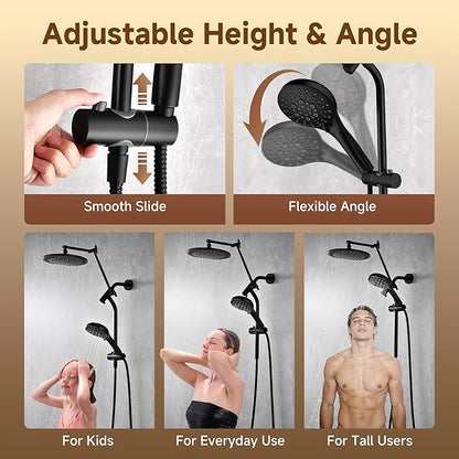 BRIGHT SHOWERS Rain Shower Head with Handheld Spray, High Pressure Dual Shower Head, Adjustable Extension Arm & Slide Bar, 9 Spray Modes Built-in Power Wash, 3-Way Diverter, 69" Hose, Matte Black