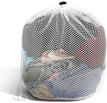 Small Laundry Bags Mesh for Delicates - White Polyester Wash Bags with Drawstring for Socks, Lingerie, Travel, Dorm, Machine Washable, 15.75×18.9 inches