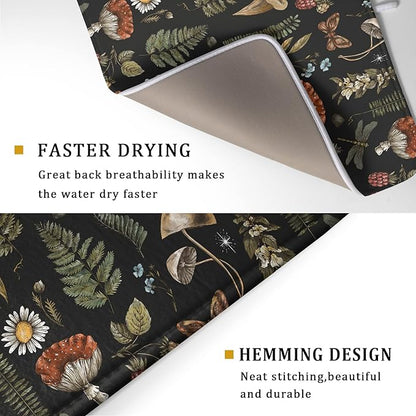 Mushroom Fern Leaves Berry Dish Drying Pad 18 x 24 Inch with Absorbent Reversible Microfiber Vintage Botanical Nature Forest Black Drying Mats For Kitchen Counter Dining Room Decoration