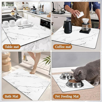 White Dish Drying Mat, 24"x16" Dish Draining Mat with Non-slip Rubber Backed, Absorbent Heat Resistant Dish Drying Mats for Kitchen Counter, Easy to Clean Coffee Machine Mats (White)