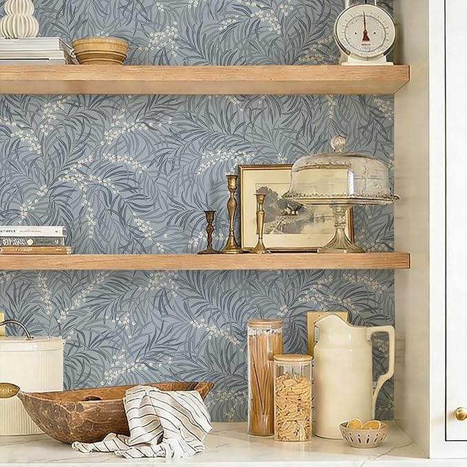 Ismoon Vintage Wallpaper Peel and Stick Dusty Blue Botanical Wallpaper 17.3in x6.56ft Leaf Removable Waterproof Blue/White Contact Paper for Bedroom Kitchen Renter Friendly Wall Decor Vinyl