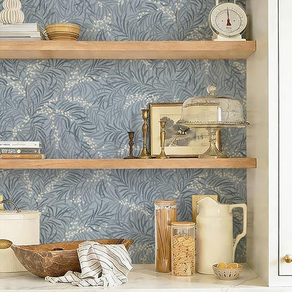 Ismoon Vintage Wallpaper Peel and Stick Dusty Blue Botanical Wallpaper 17.3in x6.56ft Leaf Removable Waterproof Blue/White Contact Paper for Bedroom Kitchen Renter Friendly Wall Decor Vinyl