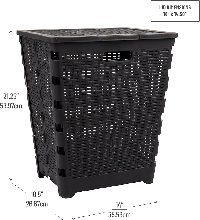 Mind Reader 61L Foldable Laundry Hamper, Clothes Basket, Lid, Wicker Design, Plastic, 18"L x 14.5"W x 21.25"H, Black