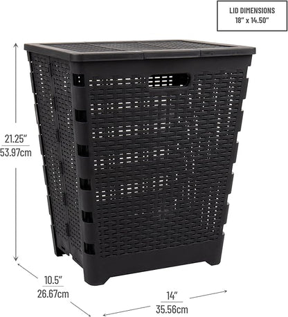 Mind Reader 61L Foldable Laundry Hamper, Clothes Basket, Lid, Wicker Design, Plastic, 18"L x 14.5"W x 21.25"H, Black