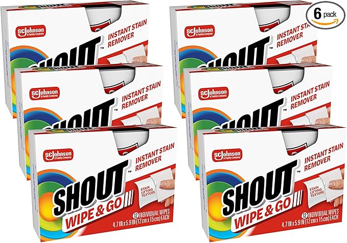 Shout Wipe & Go Instant Stain Remover Wipes, No Wash Required, Safe on Colorfast Washables, Travel & Baby Diaper Bag Essentials, Removes Grass, Coffee, Makeup & More, 12 Wipes (Pack of 6)
