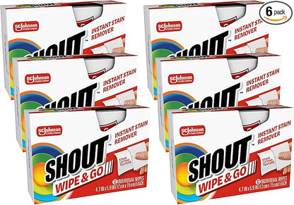 Shout Wipe & Go Instant Stain Remover Wipes, No Wash Required, Safe on Colorfast Washables, Travel & Baby Diaper Bag Essentials, Removes Grass, Coffee, Makeup & More, 12 Wipes (Pack of 6)