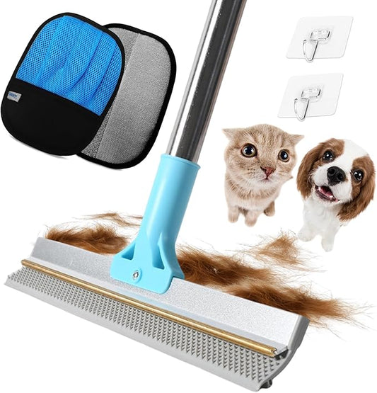 Carpet Rake for Pet Hair Removel, 3 in 1 TPU and Copper Rake Teeth, 54" Adjustable Long Handle Carpet Rake, Reusable Pet Hair Remover for Rugs, Mats, Stairs with Pet Hairs Removal Glove, 2 Hooks