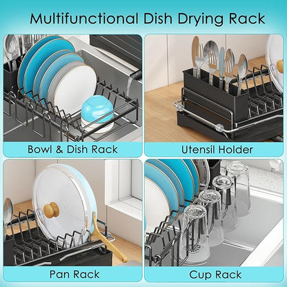 ANTOPY Dish Drying Rack in Sink, Expandable Rustproof Dish Rack for Kitchen Counter, Over The Sink Dish Drainer with Utensil Holder, Cup Rack, Drainboard, Space Saving Dish Dryer Rack for Inside Sink