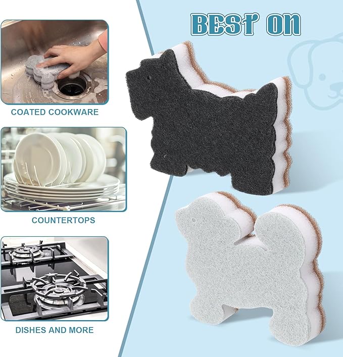 12 Pcs Kitchen Sponges for Dishes Double Sided Cleaning Dish Scrub Sponge Bulk Reusable Non Scratch Scrubbers for House Cleaning Dishwashing(Dog,White, Brown, Black, Grey)