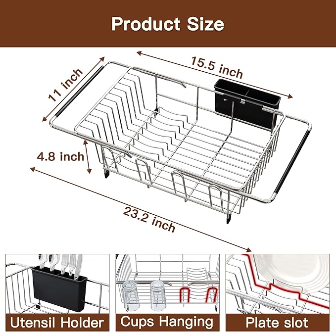 Over the Sink Expandable Dish Drainer Drying Rack In Stainless Steel for Small Kitchen, Counter Space Saving Modern Compact Metal Above Plate Dryer Strainer, Adjustable Hanging Inside Drain Holder