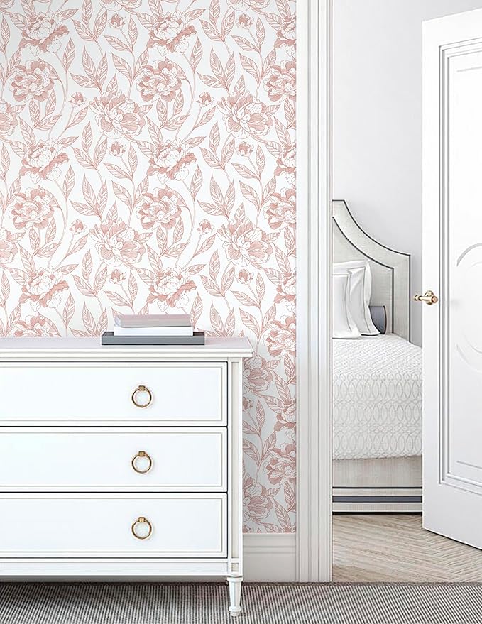 Timeet Pink Floral Wallpaper Peel and Stick Wall Paper Modern for Bedroom Bathroom Removable Self Adhesive Contact Paper 17 in x 78.7 in