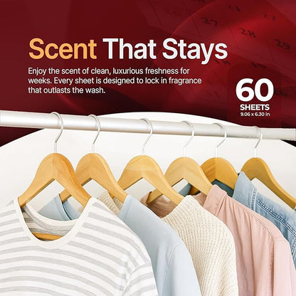 Dryer Sheets – Carat Rouge Scent | Ultra-Soft Essential Oil Dryer Sheet | Long-Lasting Fabric Sheet | 60 PCS Scented Laundry Sheets With Odor Neutralizing Technology by Perfa