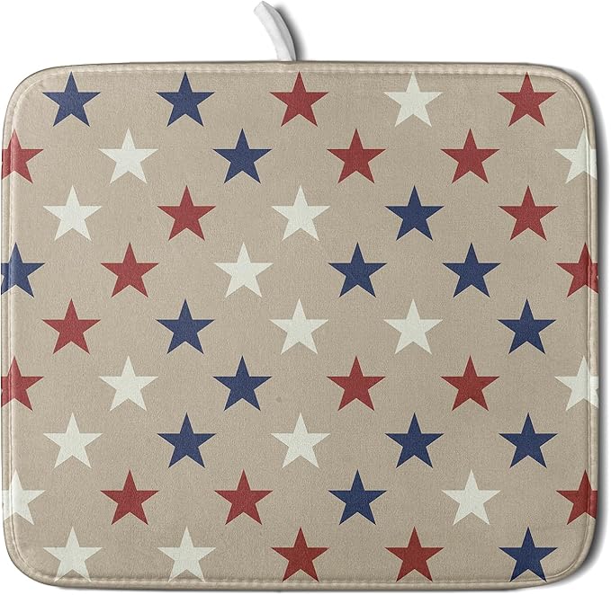 Patriotic July of 4th Blue Red White Star Dish Drying Mat for Kitchen Counter 16x18 Independence Day Absorbent Reversible Microfiber Drying Mats Kitchen Countertop Protector Dishes Drainer Rack Pad