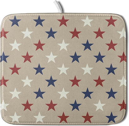 Patriotic July of 4th Blue Red White Star Dish Drying Mat for Kitchen Counter 16x18 Independence Day Absorbent Reversible Microfiber Drying Mats Kitchen Countertop Protector Dishes Drainer Rack Pad