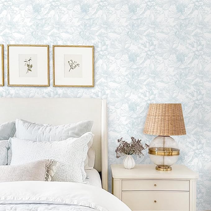 Ismoon Large Floral Peel and Stick Wallpaper Boho White and Blue Contact Paper 17.3inx16.4ft Modern Wall Paper Removable Self Adhesive Vinyl Wallpaper for Bedroom Cabinet Waterproof Mural Wall Decor