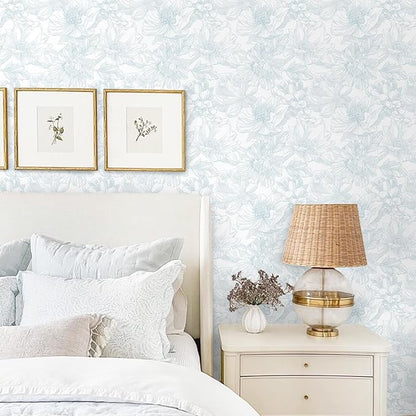 Ismoon Large Floral Peel and Stick Wallpaper Boho White and Blue Contact Paper 17.3inx16.4ft Modern Wall Paper Removable Self Adhesive Vinyl Wallpaper for Bedroom Cabinet Waterproof Mural Wall Decor