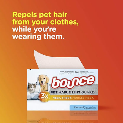 Bouce Bounce Pet Hair and Lint Guard Mega Dryer Sheets for Laundry, Fabric Softener with 3X Pet Hair Fighters, Unscented, Hypoallergenic, 120 Count