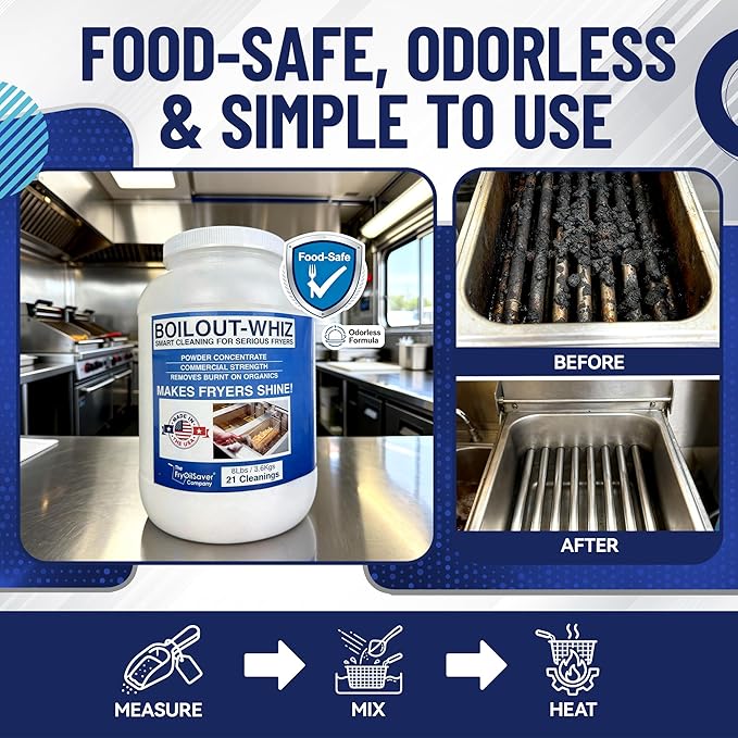 32LB Boil-Out Whiz Deep Fryer Cleaner - Degreaser Powder for Commercial Kitchen Cleaning Oil Saver - Deep Fryer Pot & Coil Safe - Extend Oil Life, Save Time & Energy - by FryOilSaver Co
