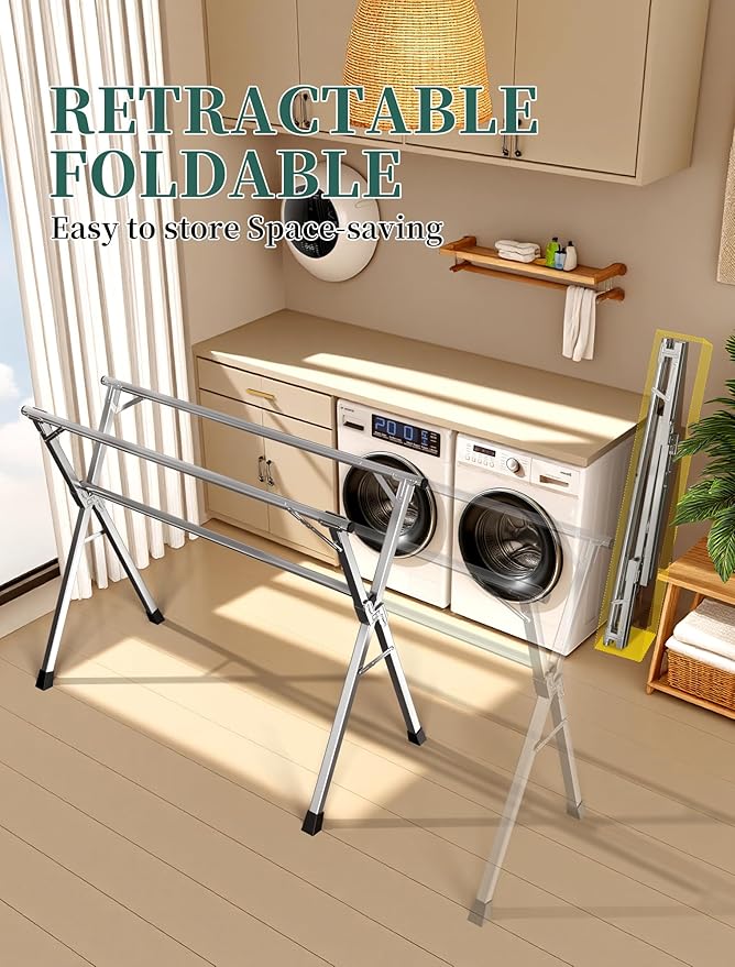 95 Inches Heavy-Duty Stainless Steel Folding Clothes Drying Rack Clothing Indoor Outdoor Anti-Rust 20 Windproof Hooks Portable & Foldable Laundry Rack (95'')