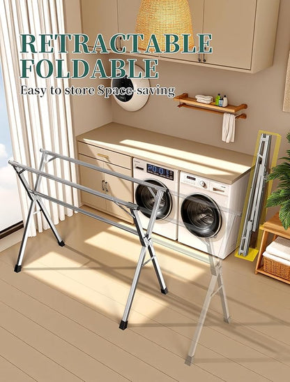 95 Inches Heavy-Duty Stainless Steel Folding Clothes Drying Rack Clothing Indoor Outdoor Anti-Rust 20 Windproof Hooks Portable & Foldable Laundry Rack (95'')