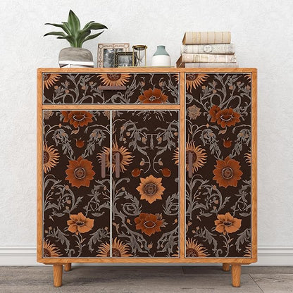 Extra Long Vintage Floral Contact Paper, 17.5In x 393In Moody Dark Brown Sunflower Botanical Pattern Self-Adhesive Wall Paper for Bedroom Cabinet Kitchen, Vinyl Witchy Wall Art Decor in Rust