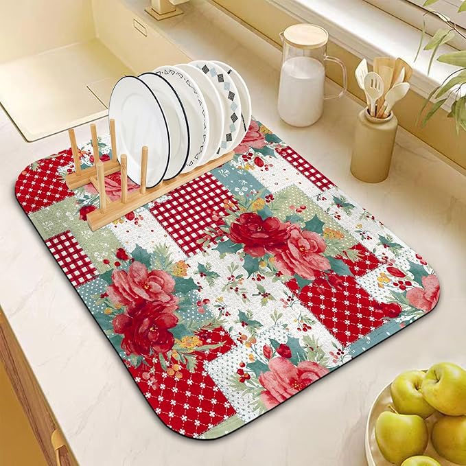 Dish Drying Mat for Kitchen Counter 18x24 Inch, Super Absorbent Dish Drainer Mat, Decorative Microfiber Dishes Drying Pad-Large(Red Flower)