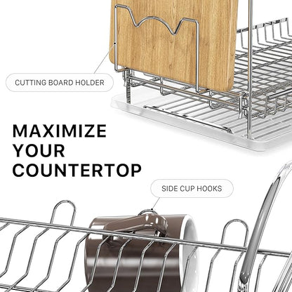 Simple Houseware 2-Tier Stainless Steel Dish Rack with Drainboard, Chrome for Kitchen