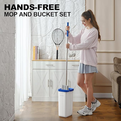 Mop and Bucket Set, Mops for Floor Cleaning with Long Handle, Squeeze Flat Mop and Bucket System, Dry & Wet Dust Mops for Household Floor Cleaning with 3 Microfiber Mops, Slate Blue