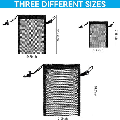 iMucci 12 Pieces Black Mesh Drawstring Bag with Clips, Nylon Drawstring Bags Pocket Foldable Beach Bag with Cord Lock for Swimming Collecting Toys Laundry Sports Gym Beach Travel