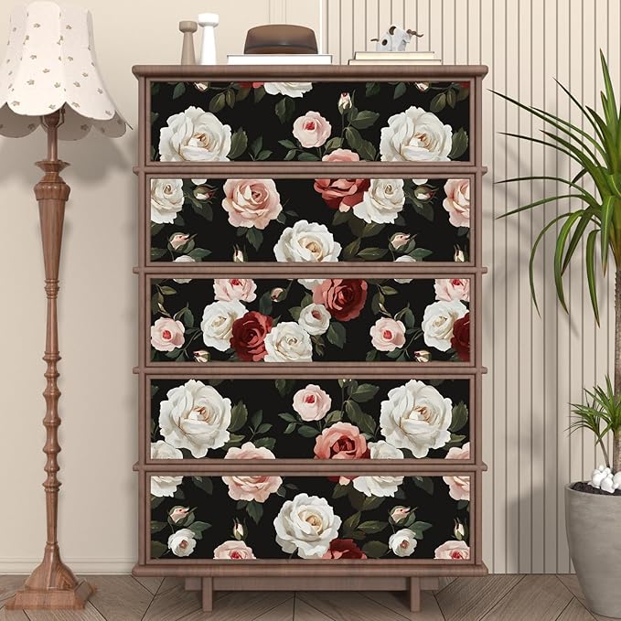 Fvlow Black Floral Wallpaper Peel and Stick 17.4" x 394" Pink Rose Removable Contact Paper Dark Flower Vintage Garden Pattern Covering for Bedroom Cabinet Bathroom Moody Home Decor Black Color
