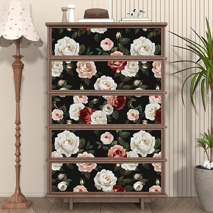 Fvlow Black Floral Wallpaper Peel and Stick 17.4" x 394" Pink Rose Removable Contact Paper Dark Flower Vintage Garden Pattern Covering for Bedroom Cabinet Bathroom Moody Home Decor Black Color