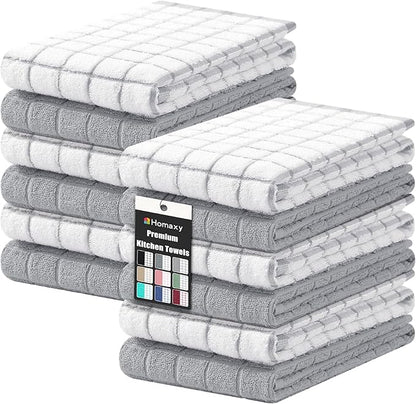 Homaxy Premium Cotton Kitchen Towels 16"x 28", Large Natural Ring Spun 390 GSM Dish Towels, Super Absorbent Terry Kitchen Hand Towels, Soft Tea Towels with Hanging Loop, Light Grey Check, 12 Pack