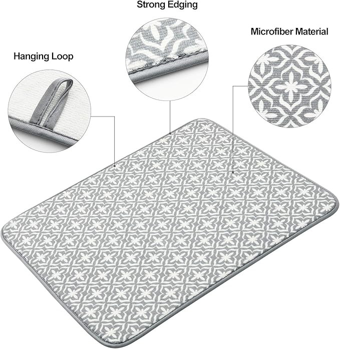 SUBEKYU Dish Drying Mats for Kitchen Counter, Microfiber Absorbent Dish Drainer/Rack Pads for Sink, 19.5*15.8 inch, Set of 2, Grey, leaf