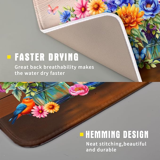 Colorful Flowers Dish Drying Mat for Kitchen Counter 16x18in Spring Flower Vases Dish Mat Drying Kitchen Mat Absorbent Microfiber Dish Drainer Rack Mats Botanical Floral Dishes Pad for Countertops