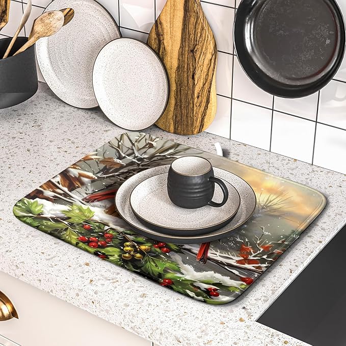 Winter Dish Drying Mat for Kitchen Counter 16x18 Inch Red Birds Cardinal Tree Christmas Theme Print Absorbent Reversible Microfiber Drying Mats Kitchen Countertop Protector Dishes Drainer Rack Pad