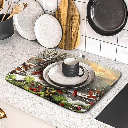 Winter Dish Drying Mat for Kitchen Counter 16x18 Inch Red Birds Cardinal Tree Christmas Theme Print Absorbent Reversible Microfiber Drying Mats Kitchen Countertop Protector Dishes Drainer Rack Pad