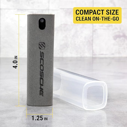 Scosche 2-in-1 Electronic Cleaner Spray with Microfiber Cloth for Electronics, Streak-Free Cleaning for TV, Computer, Phone, iPhone, Laptop, MacBook, Car Screen, 20ml Small Spray Bottles 2 Pack, Gray