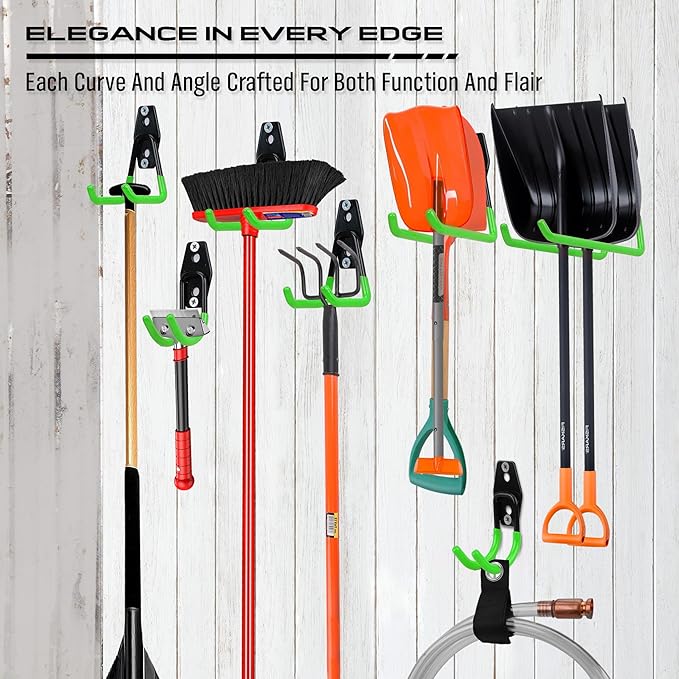 Garage Tool Storage Wall Hook Assortment Set: 15PCS Heavy Duty Large Hanger Garden Tool Organizer Ladder Bike Rack Yard Tool Holder Shed Shovel Metal Screw Organization Bicycle Steel Bracket, Green