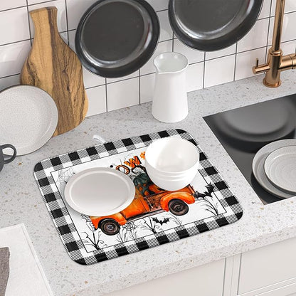 Holiday Truck Dish Drying Mat - Orange Holiday Absorbent Microfiber Dish Drying Pad for Kitchen Counter