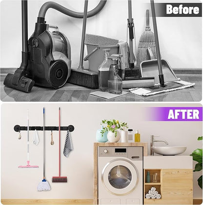 Magnetic Broom Holder Wall Mount - Heavy Duty Non-Slip Mop Hanger with 4 Hooks And 3 Rack, No Drill Tool Organizer for Refrigerator,Garage,Laundry Room (Black, 3Racks 4Hooks)