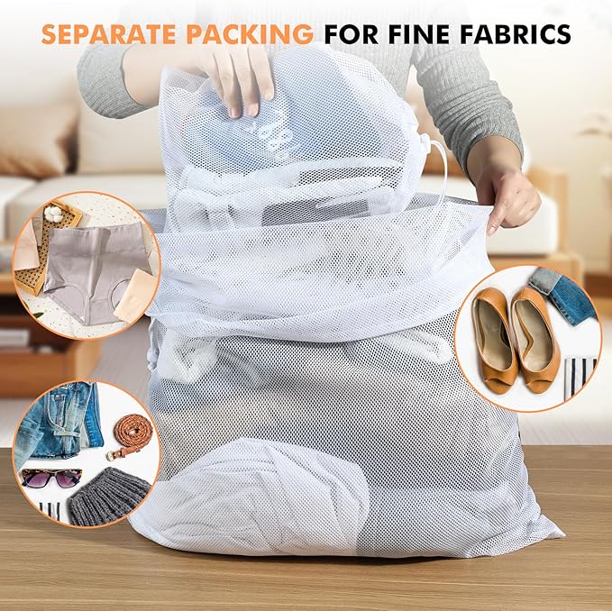 2 Pack Mesh Laundry Bags - Large & Small Heavy Duty Mesh Laundry Bag with Drawstring, Wash Bags for Travel, College, Dorms, Sports, Family, White