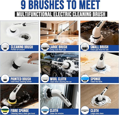 Electric Spin Scrubber Cordless Electric Cleaning Brush with LCD Power Display 9 Replaceable Heads Dual Speed IPX7 Waterproof Electric Scrubber for Cleaning Bathroom Tiles Floor Kitchen & Car