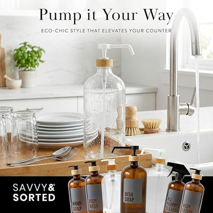 SAVVY & SORTED Glass Dish Soap Dispenser for Kitchen Sink 1 Liter, Hand Soap Dispenser for Bathroom, Refillable Clear Glass Bottles with White Bamboo Pump for Liquid Hand Wash, 34 Fl Oz